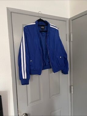 Women's Royal Blue Bomber Jacket with White Stripes